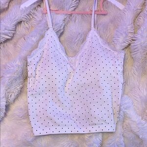 White Polka Dot Lace-Trim Cami Top